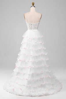 Robe de bal corset de jupe à volants à paillettes scintillantes blanche avec fente
