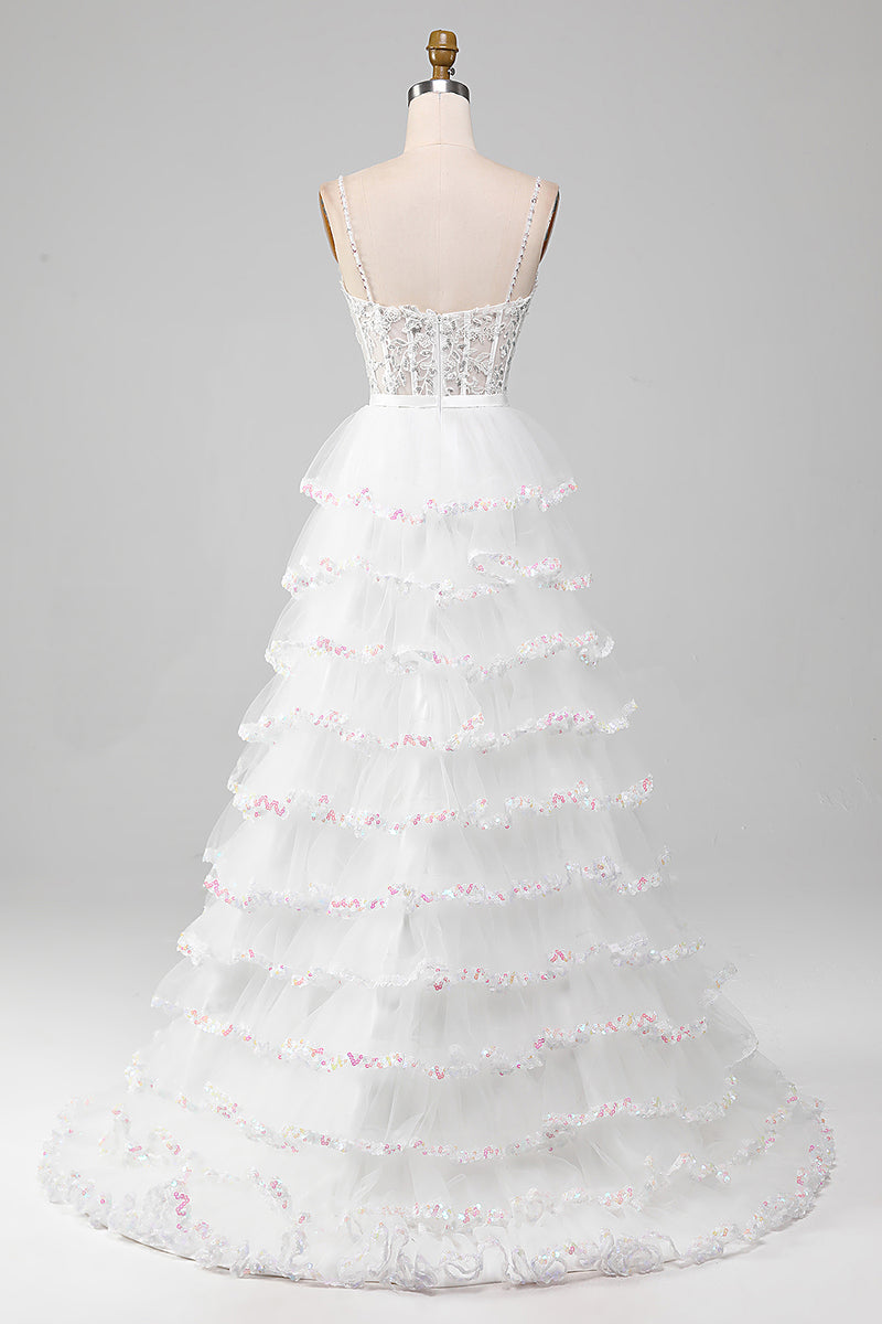 Charger l&#39;image dans la galerie, Robe de bal corset de jupe à volants à paillettes scintillantes blanche avec fente