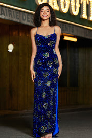 Robe de soirée à paillettes à bretelles spaghetti sirène bleu royal avec fente