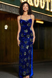 Robe de soirée à paillettes à bretelles spaghetti sirène bleu royal avec fente