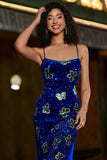 Robe de soirée à paillettes à bretelles spaghetti sirène bleu royal avec fente