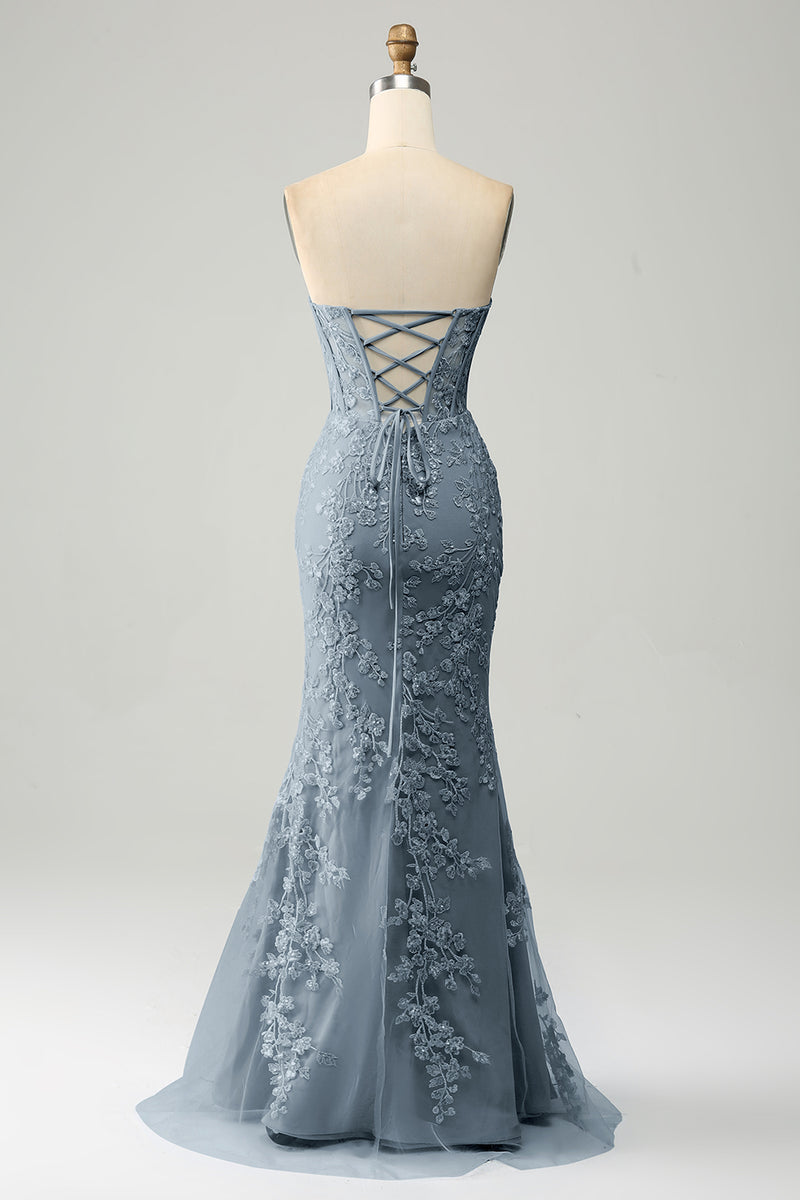 Charger l&#39;image dans la galerie, Robe de Soirée bleu clair sirène chérie Corset Appliques avec fente latérale