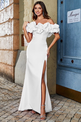Sirène épaule dénudée robe de bal blanche avec fente sur le devant