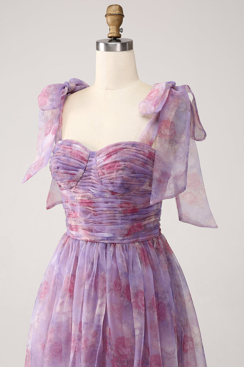 Charger l&#39;image dans la galerie, Violet imprimé une ligne plissée longue robe de Soirée