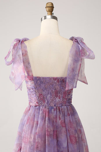 Violet imprimé une ligne plissée longue robe de Soirée