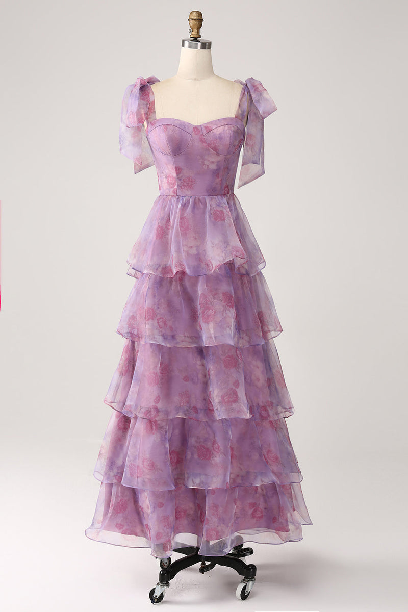 Charger l&#39;image dans la galerie, Une ligne à plusieurs niveaux violet imprimé thé-longueur longue robe de Soirée