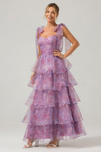 Une ligne violet imprimé étagé thé longueur longue robe de bal