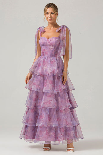 Une ligne violet imprimé étagé thé longueur longue robe de bal