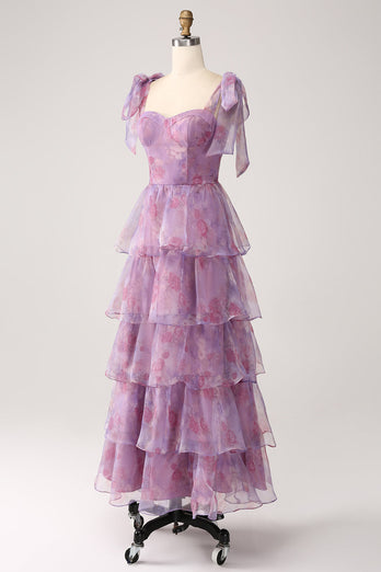 Une ligne à plusieurs niveaux violet imprimé thé-longueur longue robe de Soirée