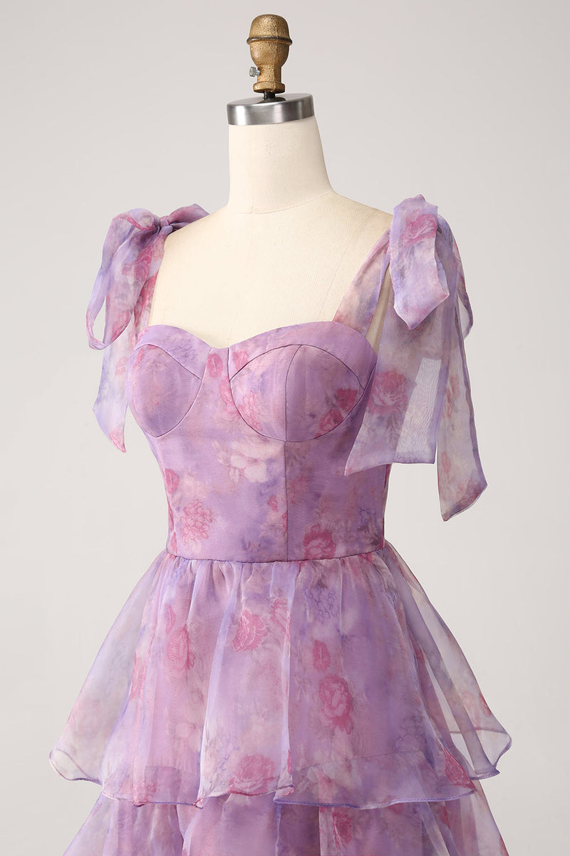 Charger l&#39;image dans la galerie, Une ligne à plusieurs niveaux violet imprimé thé-longueur longue robe de Soirée