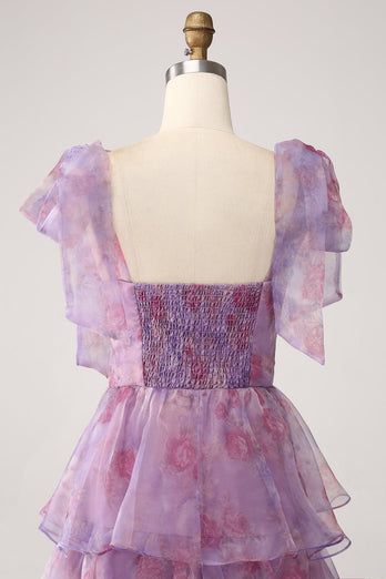 Une ligne à plusieurs niveaux violet imprimé thé-longueur longue robe de Soirée