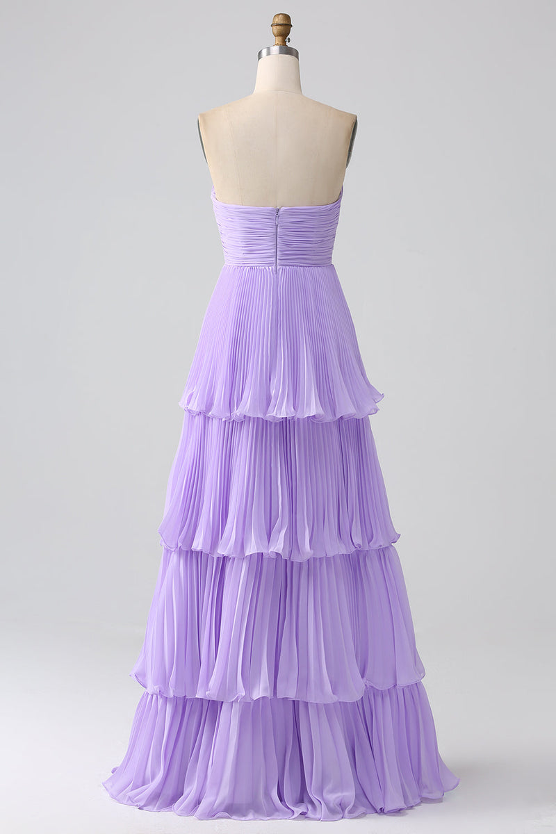 Charger l&#39;image dans la galerie, A-ligne chérie lilas en mousseline de soie à plusieurs niveaux longue robe de demoiselle d’honneur avec plissée