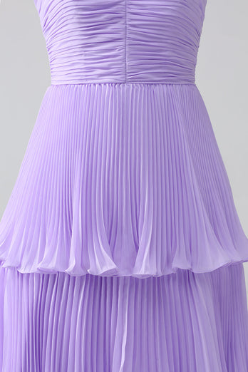 A-ligne chérie lilas en mousseline de soie à plusieurs niveaux longue robe de demoiselle d’honneur avec plissée