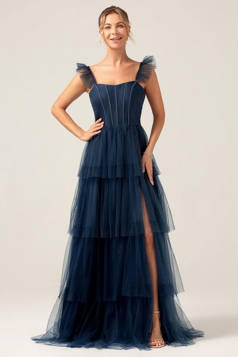 Charger l&#39;image dans la galerie, Bretelles amovibles une ligne à plusieurs niveaux longue robe de demoiselle d’honneur bleu poussiéreux