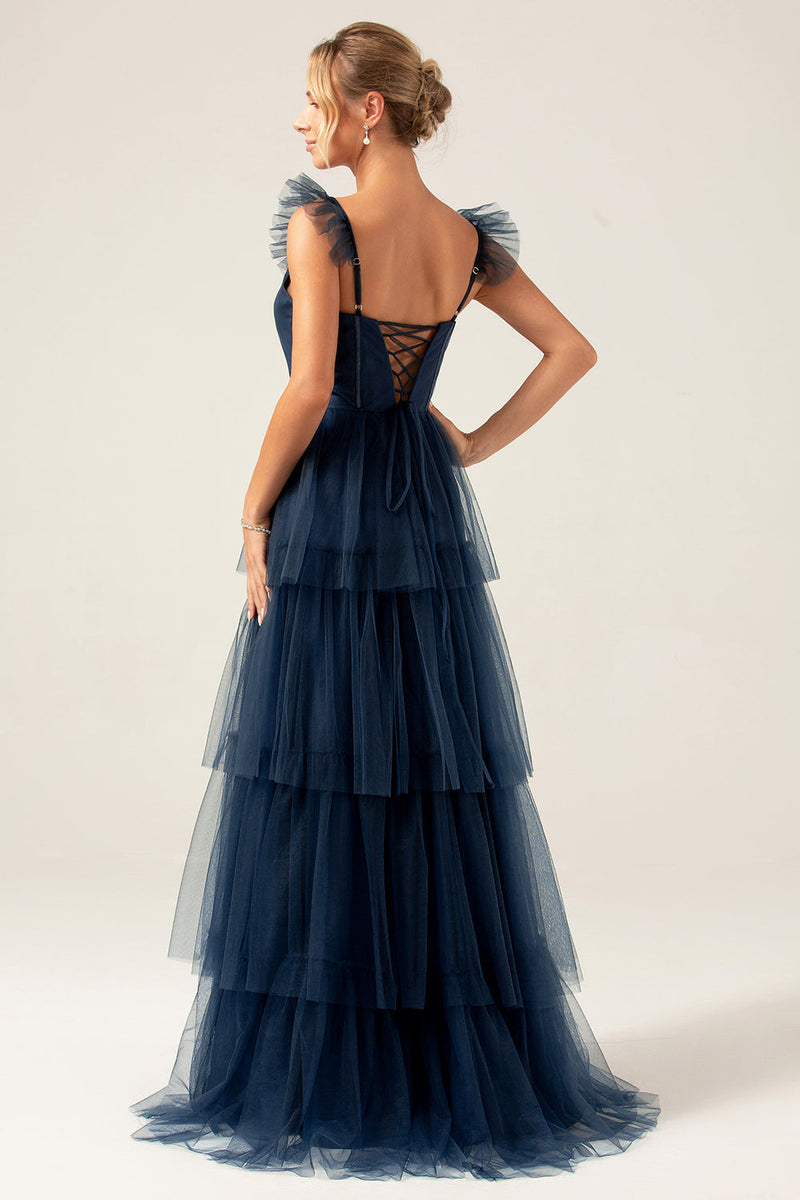 Charger l&#39;image dans la galerie, Bretelles amovibles une ligne à plusieurs niveaux longue robe de demoiselle d’honneur bleu poussiéreux
