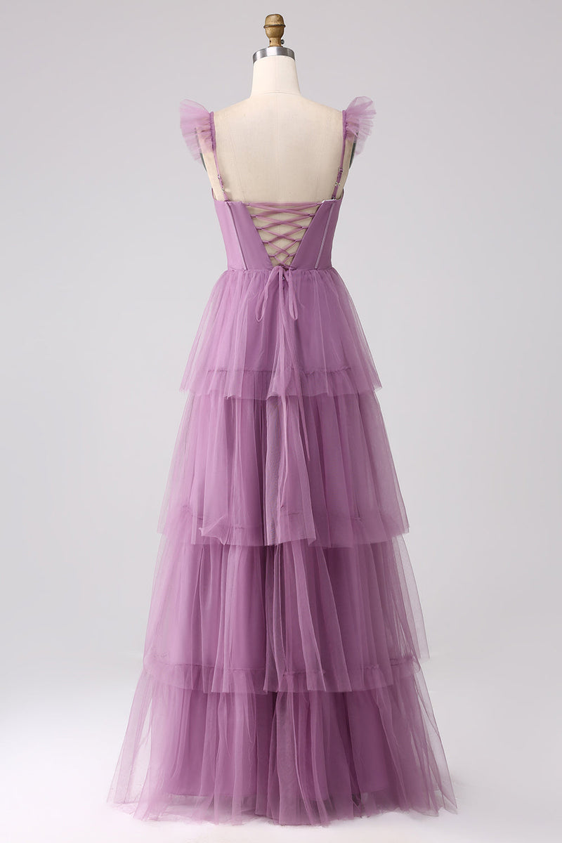 Charger l&#39;image dans la galerie, Violet A Line Tulle Plissé Long Robes Demoiselle D&#39;Honneur avec Fente