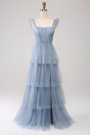 Robe de demoiselle d’honneur corset en tulle bleu poussiéreux à plusieurs niveaux avec fente