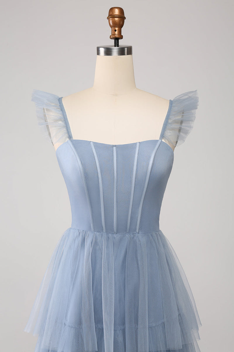 Charger l&#39;image dans la galerie, Robe de demoiselle d’honneur corset en tulle bleu poussiéreux à plusieurs niveaux avec fente