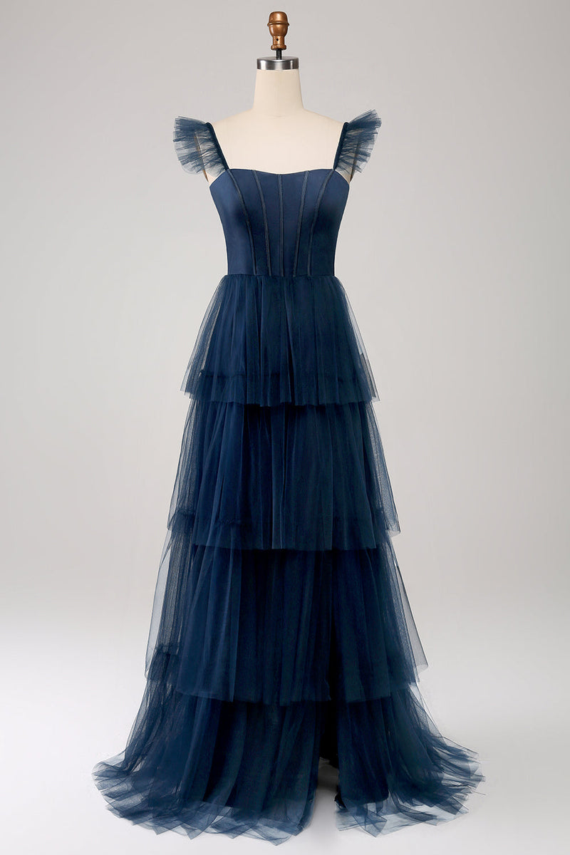 Charger l&#39;image dans la galerie, Tulle bleu marine Robe de demoiselle d’honneur corset à plusieurs niveaux avec fente