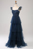 Charger l&#39;image dans la galerie, Tulle bleu marine Robe de demoiselle d’honneur corset à plusieurs niveaux avec fente