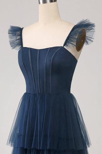 Tulle bleu marine Robe de demoiselle d’honneur corset à plusieurs niveaux avec fente