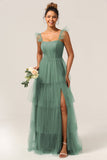 Une ligne Spaghetti Bretelles Long Tulle Eucalyptus robe de demoiselle d’honneur
