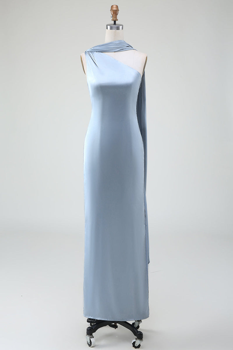 Charger l&#39;image dans la galerie, Robe de demoiselle d’honneur longue en satin gaine bleue à une épaule