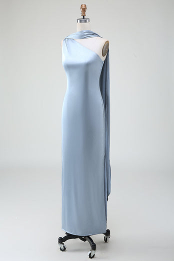 Robe de demoiselle d’honneur longue en satin gaine bleue à une épaule