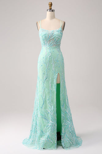 Sirène verte bretelles spaghetti paillettes longue robe de Soirée avec fente