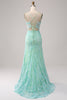 Charger l&#39;image dans la galerie, Sirène verte bretelles spaghetti paillettes longue robe de Soirée avec fente
