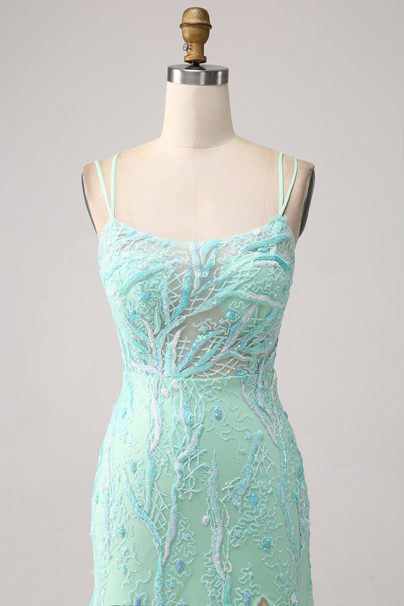 Charger l&#39;image dans la galerie, Sirène verte bretelles spaghetti paillettes longue robe de Soirée avec fente
