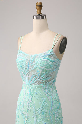 Sirène verte bretelles spaghetti paillettes longue robe de Soirée avec fente