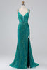 Charger l&#39;image dans la galerie, Robe de bal Corset à bretelles spaghetti sirène scintillant vert foncé avec fente