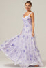 Charger l&#39;image dans la galerie, Corset lilas imprimé floral A-ligne longue robe de demoiselle d’honneur