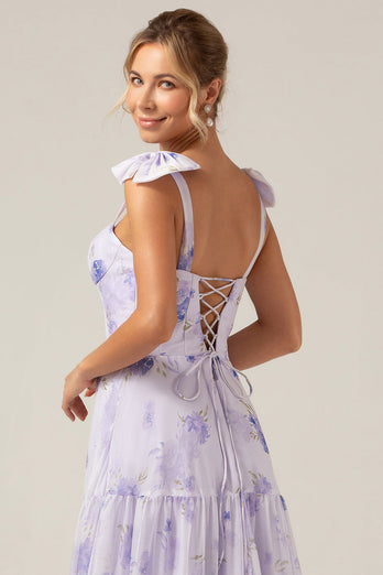 Corset lilas imprimé floral A-ligne longue robe de demoiselle d’honneur