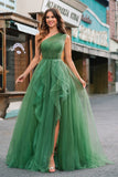 Robe de bal longue trapèze en tulle vert foncé avec fente