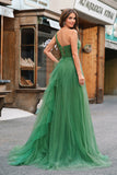 Robe de bal longue trapèze en tulle vert foncé avec fente