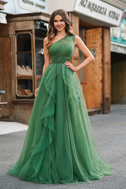 Robe de bal longue trapèze en tulle vert foncé avec fente