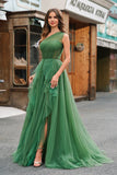 Robe de bal longue trapèze en tulle vert foncé avec fente