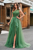 Robe de bal longue trapèze en tulle vert foncé avec fente