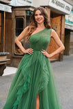 Robe de bal longue trapèze en tulle vert foncé avec fente