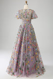 Robe de Soirée mauve princesse longue brodée à manches courtes