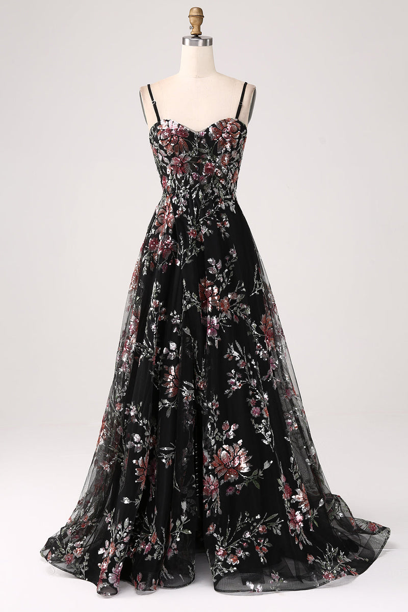 Charger l&#39;image dans la galerie, Robe de bal longue corset à paillettes de fleurs noir A-ligne