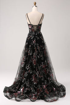 Robe de bal longue corset à paillettes de fleurs noir A-ligne