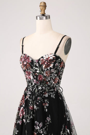 Robe de bal longue corset à paillettes de fleurs noir A-ligne