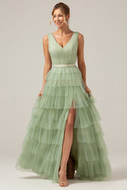 Robe de bal longue en tulle à col en V à plusieurs niveaux vert avec fente