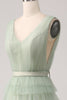Charger l&#39;image dans la galerie, Robe de Soirée verte plissée à plusieurs niveaux avec fente