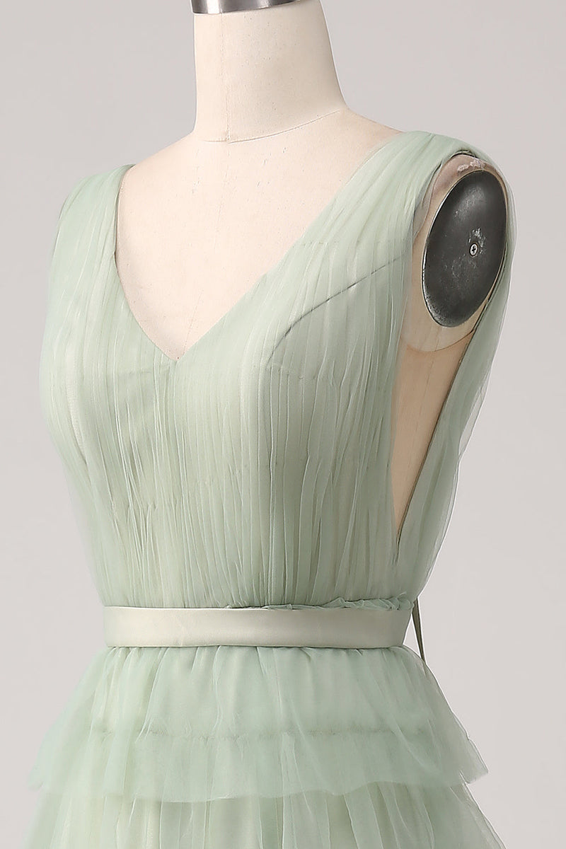 Charger l&#39;image dans la galerie, Robe de Soirée verte plissée à plusieurs niveaux avec fente