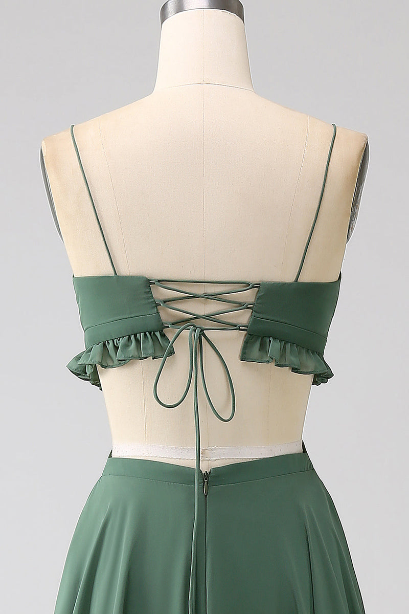 Charger l&#39;image dans la galerie, Spaghetti Bretelles Volants Vert Évider Longue Robe de Demoiselle D’honneur