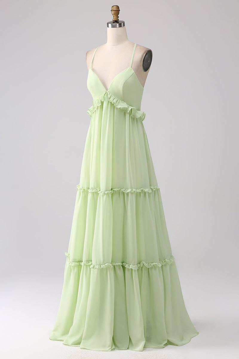Charger l&#39;image dans la galerie, Volants A Line Robe de demoiselle d’honneur verte avec dos à lacets